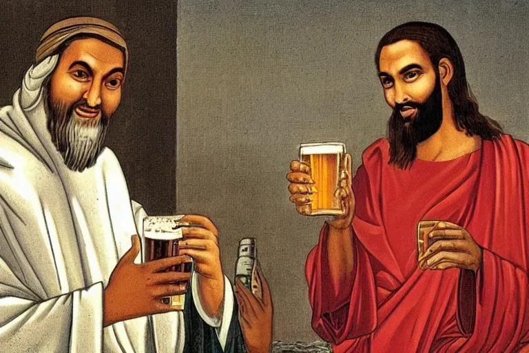 Image similar to prophet Mohamed drinking beer with Jesus