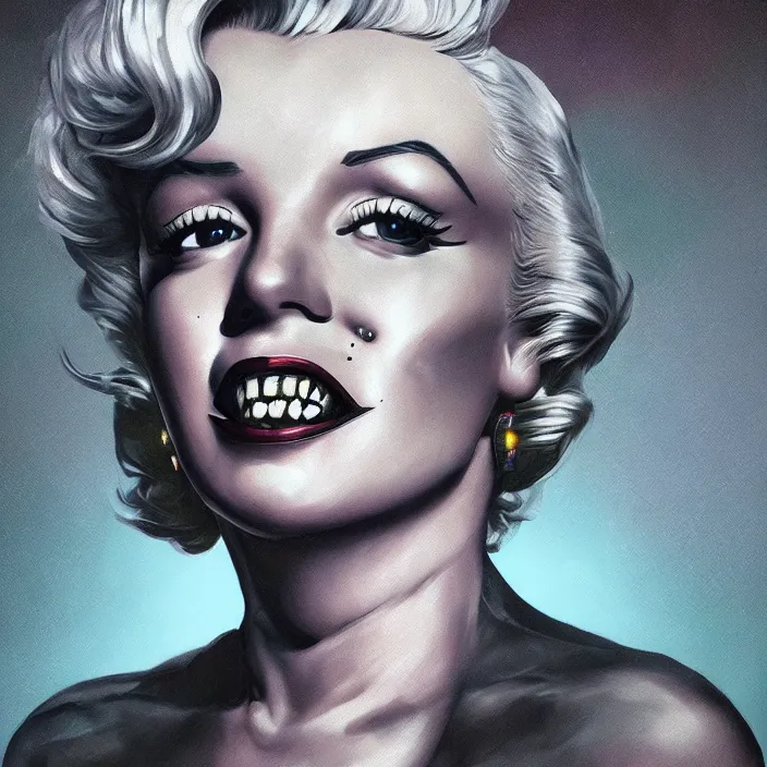 Prompt: portrait of Marilyn Monroe as a skull in a suit. intricate abstract. intricate artwork. nightmare fuel. by Tooth Wu, wlop, beeple, dan mumford. octane render, trending on artstation, greg rutkowski very coherent symmetrical artwork. cinematic, hyper realism, high detail, octane render, 8k, iridescent accents