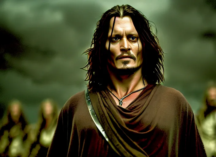 Image similar to filmstill johnny depp as aragorn, 1 0 0 mm lens, canon eos, red cinema camera, frontal view, dynamic pose, intricate, elegant, highly detailed, centered, redshift, octane, smooth, sharp focus, zeiss lens,