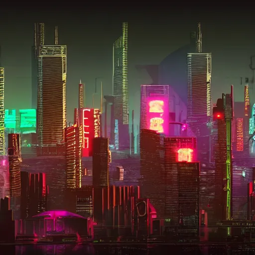 Image similar to Huge cyberpunk city with tall buildings and neon lights. HD.