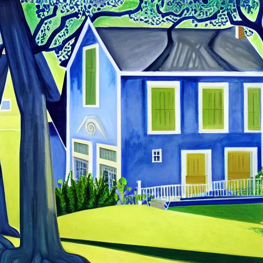 Image similar to a painting of a blue house under a tree, a gouache by charles e. burchfield, behance contest winner, american scene painting, storybook illustration, photoillustration, detailed painting