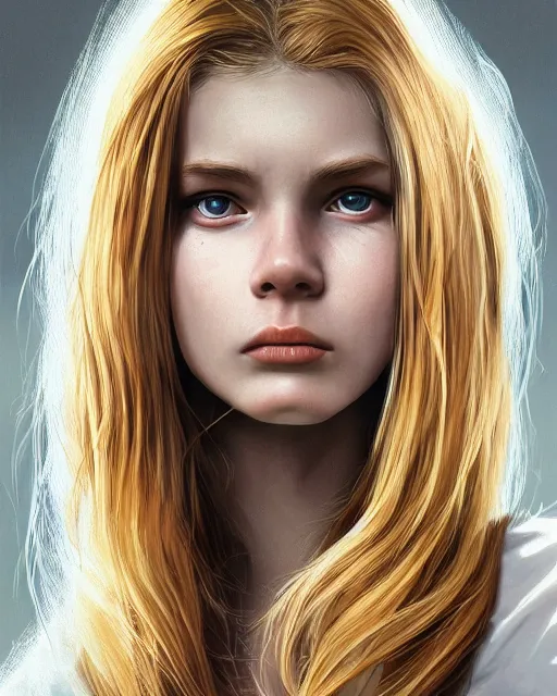 Image similar to portrait of 1 6 - year - old woman with dirty blonde hair down to her waist, pale eyebrows and protuberant silver eyes, wearing white shirt, hyper realistic face, beautiful eyes, character art, art by mark brooks, hyperdetailed, cryengine, trending on artstation, digital art