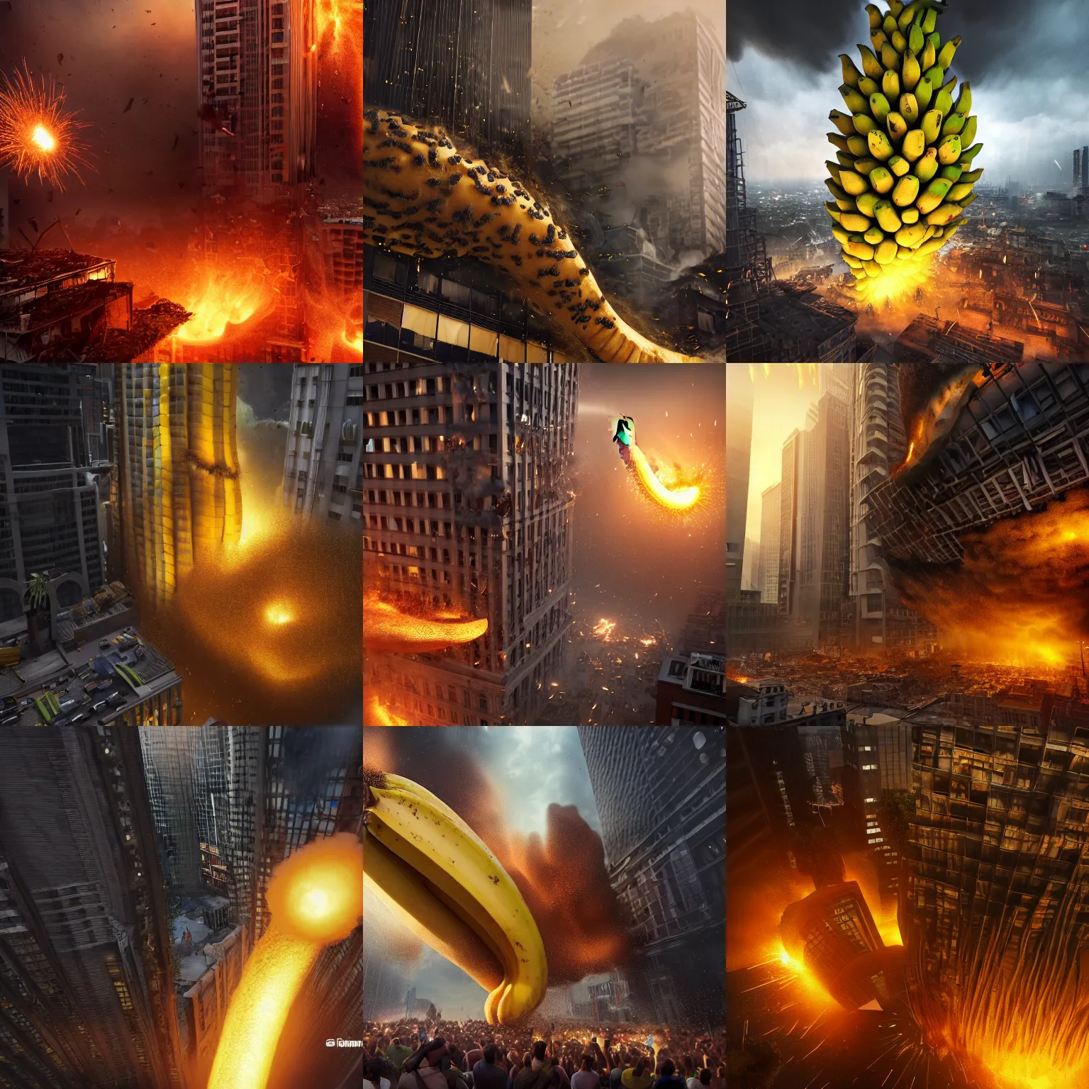 Prompt: news camera footage of giant bananas falling into and exploding buildings, dim volumetric lighting, 8 k octane beautifully detailed render, post - processing, extremely hyper - detailed, intricate, epic composition, giant bananas natural disaster, cinematic lighting, masterpiece, trending on artstation, detailed detailed detailed, masterpiece, stunning