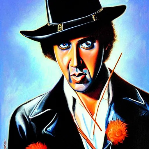 Prompt: a realistic painting of Nicolas Cage starring in a Clockwork Orange by Jason Edmiston,