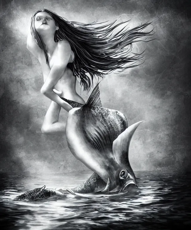 Image similar to black and white illustration, creative design, dark fantasy, concept art, beautiful mermaid, full body, swimming in ocean, fish tail bikini top flowing hair