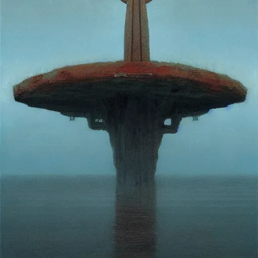 Image similar to A beautiful painting of A Torii over the sea by Zdzisław Beksiński and Ilya Repin,In style of Post-Apocalyptic.digital art, illustration,hyper detailed,smooth, sharp focus,trending on artstation,oil on the canvas,4k