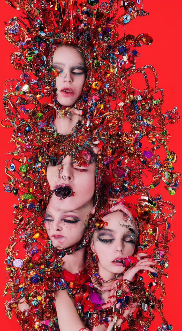 Image similar to a female character design wearing psychedelic high fashion, a red sequined bodysuit, beads hanging over her face like an alexander mcqueen headdress, costume by eiko ishioka, haute couture, dior, and a red cape by moebius, steven outram, colorful and psychedelic, hd, 8 k, artstation, high quality, ultra detailed