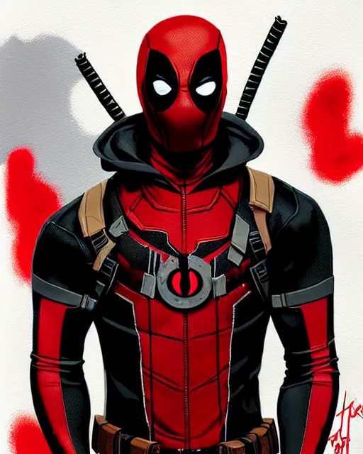 Image similar to highly detailed closeup portrait of a mutated venom symbiote in iron man suite suit with deadpool host, wearing black hoodie by atey ghailan, by greg rutkowski, by greg tocchini, by james gilleard, by joe fenton, by kaethe butcher, red, black, crimson and white color scheme, background is graffiti tag wall