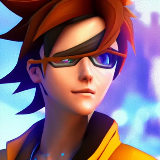 Image similar to accurate digital 3 d artwork of tracer from the game overwatch, facial features, eyes,