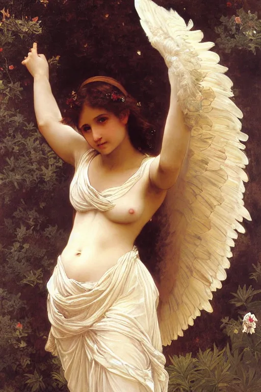 Image similar to painting of a beautiful clothed angel with huge feather wings, intricate, elegant, hyperdetailed by william - adolphe bouguereau and alphonse mucha and john william waterhouse