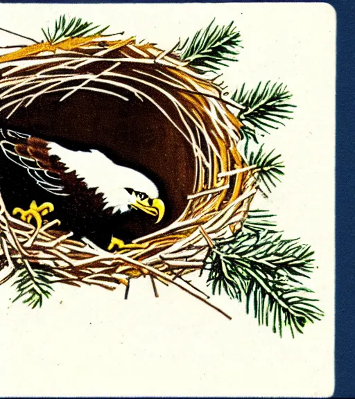 Image similar to damaged postcard of 'an eagle in the nest of a snowy pine tree' laying on coffee table, zoomed out shot