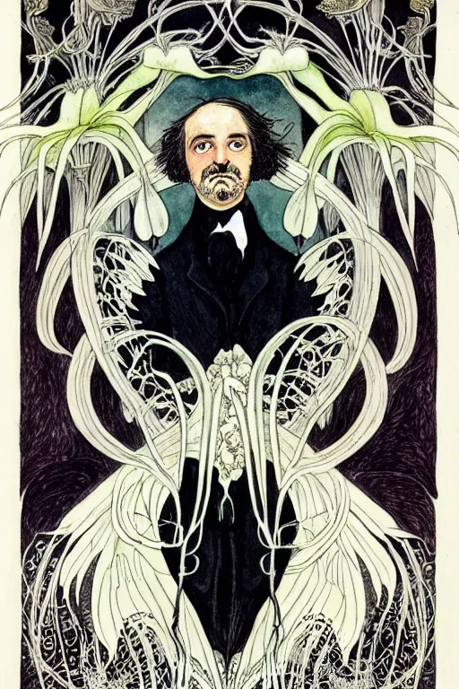 Image similar to realistic portrait of edgar allen poe in the center of an ornate white lily flower frame with wings, detailed art by kay nielsen and walter crane, illustration style, watercolor