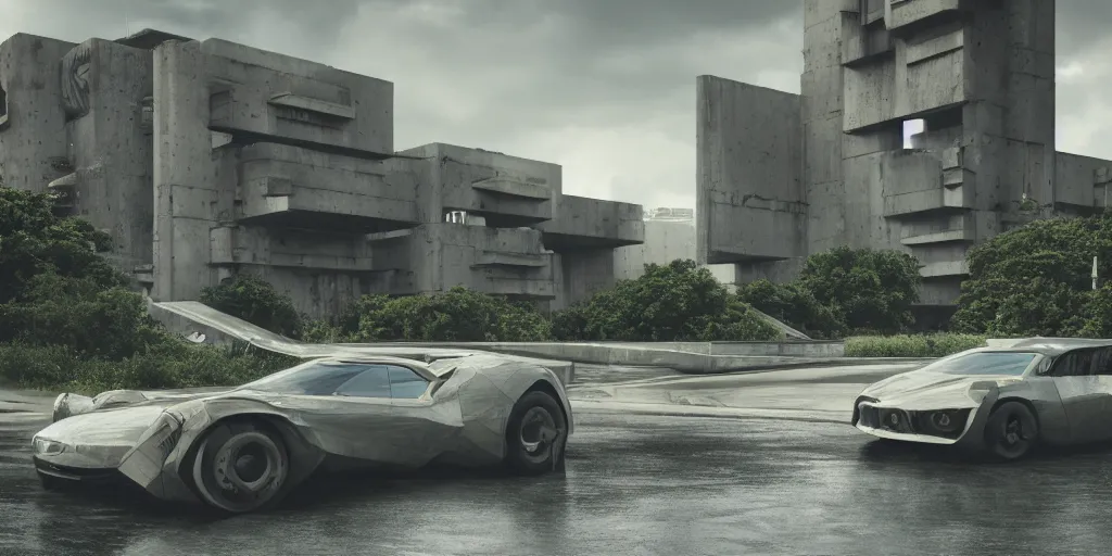 Prompt: highly detailed futuristic car, on the background brutalist architecture by Le Corbusier, abandoned buildings, empty streetscapes, surrounded by lush green vegetation, ground-level view, puddles of water, stunning volumetric lighting, sunset, trending on Artstation, 8k, photorealistic, hyper detailed, unreal engine 5, cinematic, epic lighting, cryengine, octane render, cyberpunk, red and orange glow, dark, gloomy