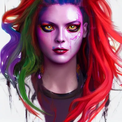 Image similar to medusa portrait painting, vibrtant, colorful, wicked smile, artstation, detailed, blurred background