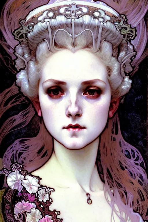 Prompt: realistic detailed face portrait of young Ghostly Gothic Vampire Queen Marie Antoinette by Alphonse Mucha, Ayami Kojima, Yoshitaka Amano, Charlie Bowater, Karol Bak, Greg Hildebrandt, Jean Delville, and Mark Brooks, Art Nouveau, Pre-Raphaelite, Memento Mori, Neo-Gothic, gothic, Art Nouveau, intricate fine details, exquisite, rich deep moody colors