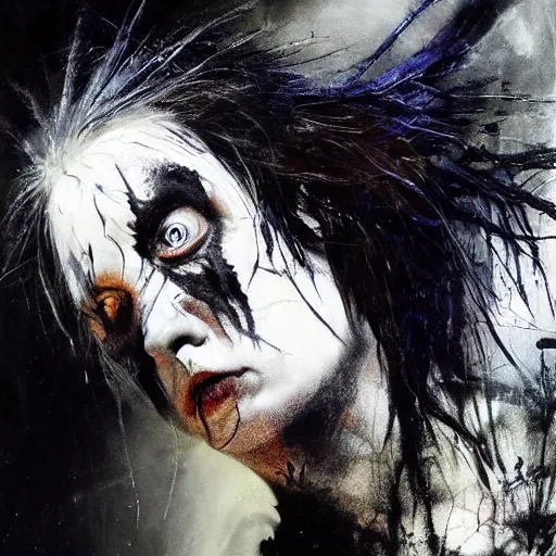 Image similar to gaunt ( the cure fan ) as dream from sandman, dim stars as eyes, by jeremy mann, by cedric peyravernay, by by russ mills, by richard avedon and ben templesmith, dramatic lightning, sadness, dark eye sockets, in the shadows, punk rock, gothic, high detailed, 8 k