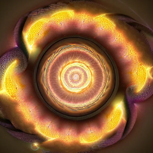 Image similar to intricately detailed octane rendered unreal engine 5 volumetric lighting macro photography close up of a spiral fractal explosion infinitely fractalizing and never ending