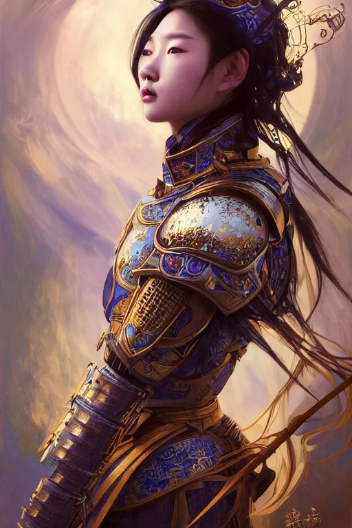 Image similar to beautiful and luxury and holy and elite and colorlpunk young three kingdom chinese female armor knight portrait +shinnyy eyes+front face with light flowing hair, ultradetail face, art and illustration by tian zi and craig mullins and WLOP and alphonse mucha, fantasy, intricate complexity, human structure, human anatomy, fantasy character concept, watermark, blurry, hyperrealism 8k