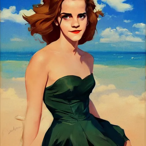 Prompt: pinup art of emma watson as hermione granger in a beach, artwork by greg manchess, medium shot, asymmetrical, organic painting, sunny day, matte painting, bold shapes, hard edges, street art, trending on artstation, by huang guangjian and gil elvgren and sachin teng 1 9 5 6