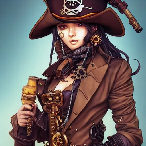 Image similar to a steampunk pirate, by kim jung gi and karl kopinski and guweiz and wlop and artgerm