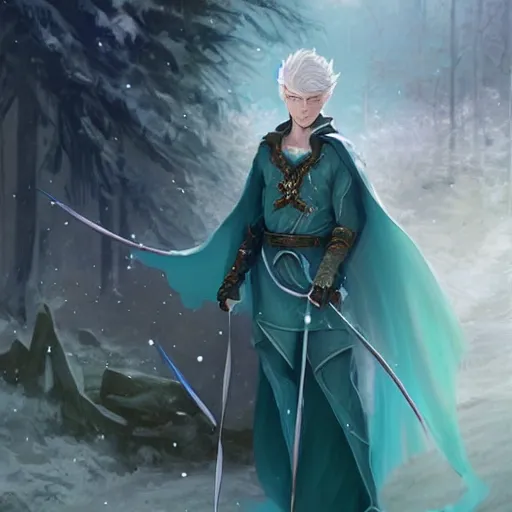 Image similar to handsome male snow elf with pointed ears in a turquoise cape as an archer, albino skin, moonlight snowing, ethereal opalescent mist, winter vibes, perfect face, elegant, very coherent symmetrical artwork, by wenjun lin, krenz cushart, charlie bowater, trending on artstation