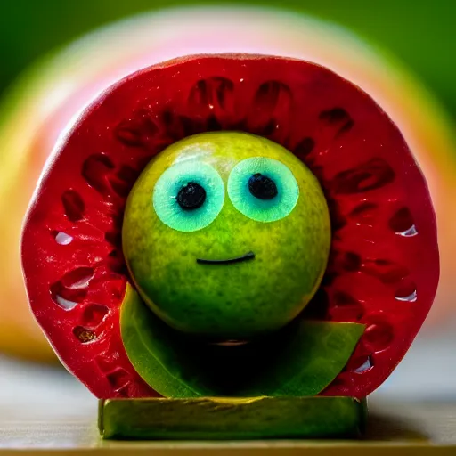 Prompt: Photo of A fruit with eyes, sigma 50mm, ƒ/8, focal length: 50mm, hyperrealistic.