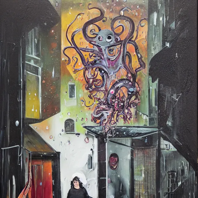 Image similar to a portrait in a dark laneway, a woman holding pancakes, streetlamps, rain, berries dripping, scientific instruments, ikebana, octopus, neo - expressionism, surrealism, acrylic and spray paint and oilstick on canvas