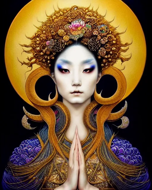 Image similar to portrait of a beautiful moon goddess, unusual beauty, esoteric, outher worldly colours, head in focus, fantasy art, ornamental aesthetics,, intricate, elegant, highly detailed, hyperrealistic painting, artstation, concept art, painterly, golden ratio, sharp focus, illustration, art by chie yoshii