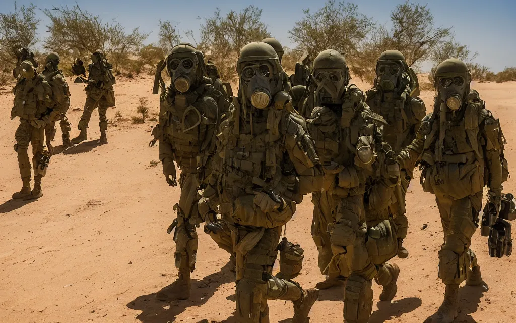 Prompt: a group of five soldiers in dark green tactical gear and gas masks on a rescue mission like the film stargate walk through a sandy desert with distant red mesas ahead of them. They've found a dead body. dusty. 200mm lens, mid day, heat shimmering.