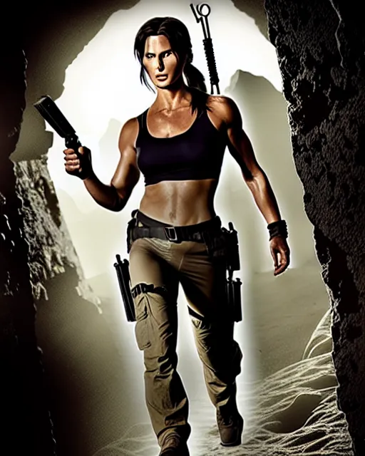 Image similar to uhd candid photo of caitlin jenner dresed as lara croft tomb raider. photo by annie leibowitz.