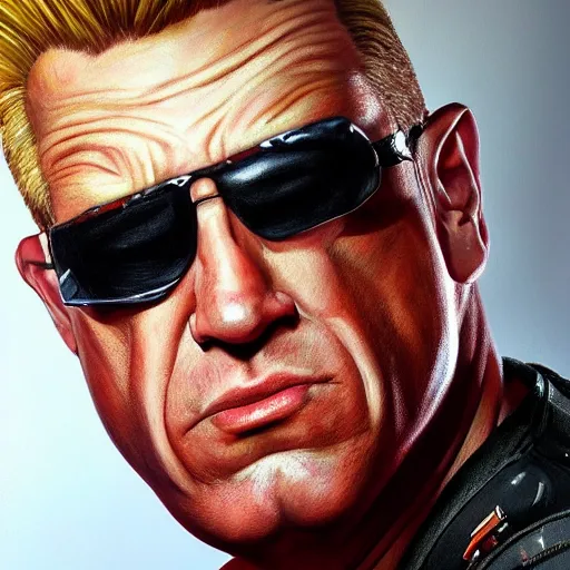 Image similar to ultra realistic portrait painting of duke nukem, stanley artgerm, 4 k, ultra realistic, highly detailed, epic lighting