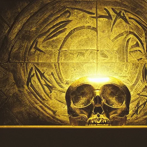 Image similar to a dark ominous chiaroscuro baroque still life photo of a single ray of light shining on a floating golden skull completely engraved in ancient runic inscriptions, messages, prophecies, spells by billelis. ominous darkness background. weirdcore