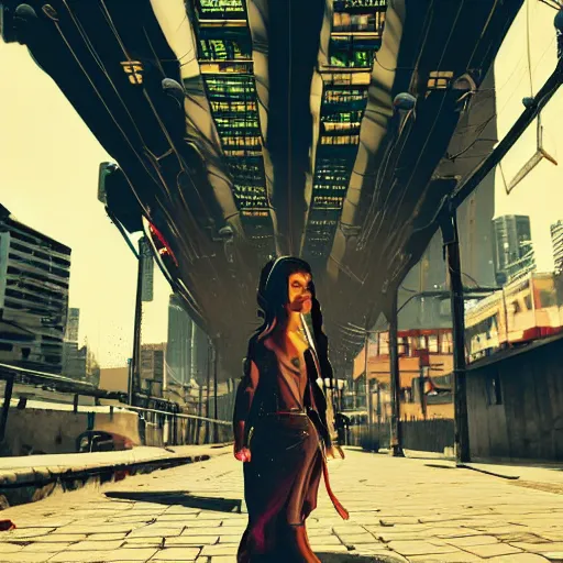 Image similar to a beautiful picture of a girl walking in a cyberpunk street by aurahack, low angle shot, cinematic, colorful, trending on artstation