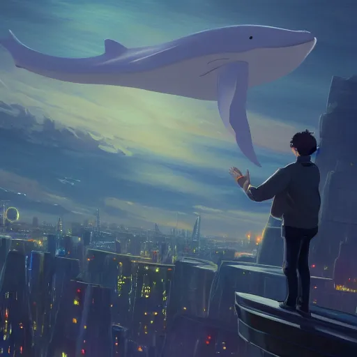 Prompt: A man pointing to a blue whale floating in the sky over a futuristic city, crowd looking at sky, night time, extra detailed, by Makoto Shinkai and thomas kinkade, digital painting, Matte painting, trending on artstation and unreal engine