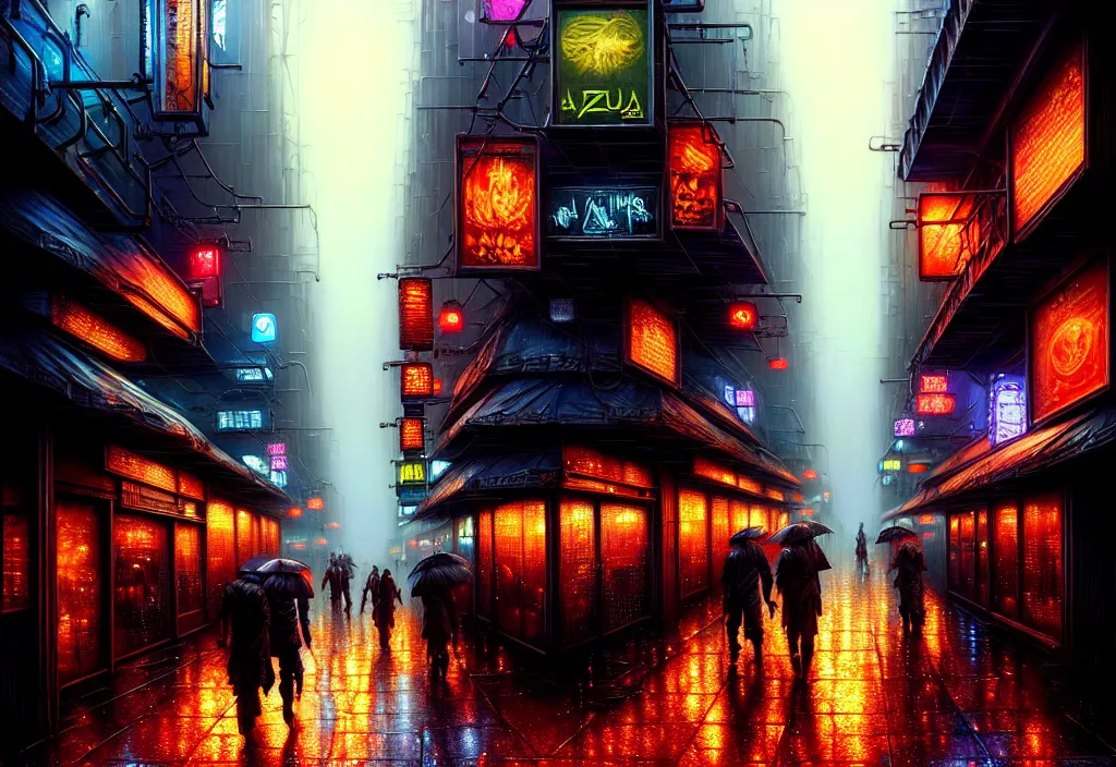 Image similar to a highly detailed rainy bazaar street in a cyberpunk megacity, amazing cyberpunk digital painting, by gerald brom, brom digital art, intricate details, ultra realistic, beautiful art, volumetric lighting, ultrarealistic, by art germ, by brom, trending cgsociety, artstation, bladerunner theme, by anato finnstark 8 k