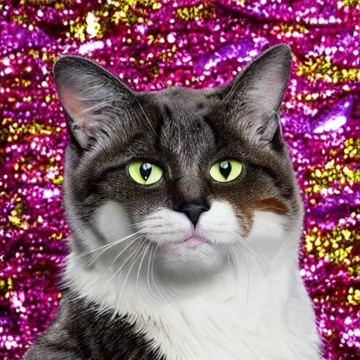 Prompt: a photo of a cat covered in sequins, hyperrealistic, textured, animal portrait, f 2. 8