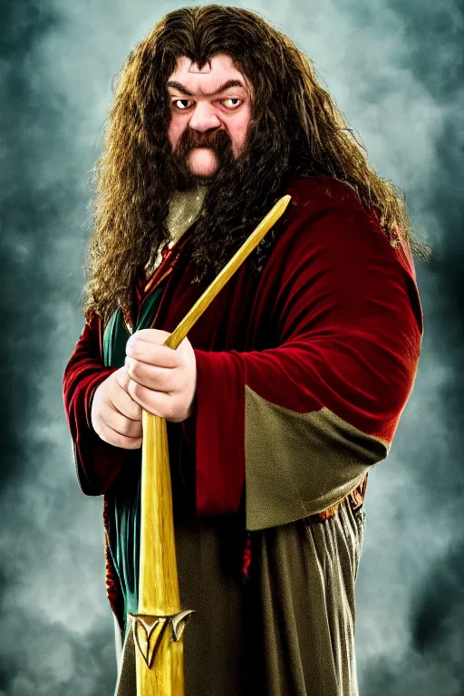 Image similar to hagrid frog mage, gryffindor, magic wand, hogwarts, high details, best composition, harry potter, dramatic pose, 4 k