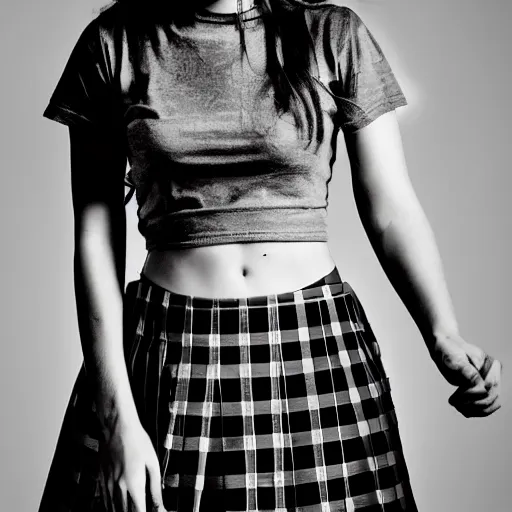 Image similar to female model teenage emo photography plaid skirt band shirt beautiful face, dramatic light darkroom