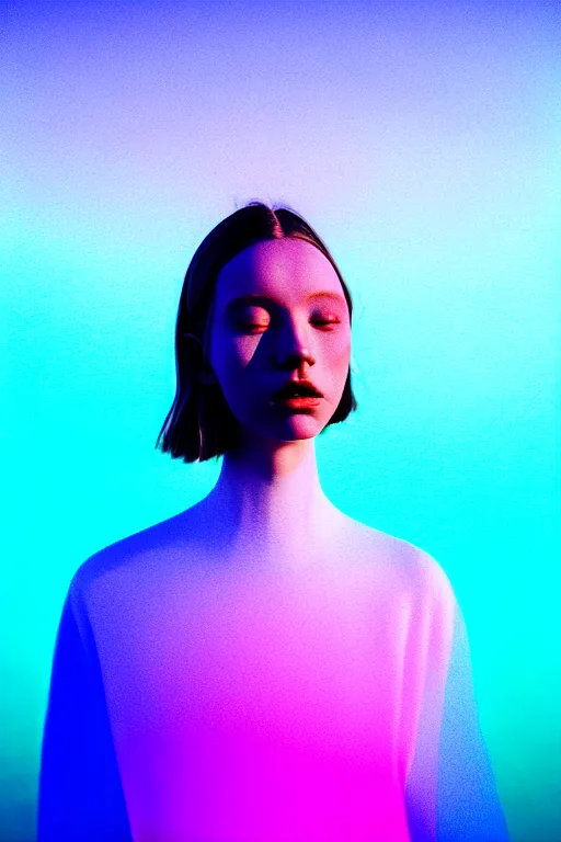 Image similar to high quality pastel coloured film close up wide angle photograph of a model wearing clothing swimming on cloud furniture in a icelandic black rock!! environment in a partially haze filled dreamstate world. three point light, rainbow. photographic production. art directed. pastel colours. volumetric clouds. pastel gradient overlay. waves glitch artefacts. extreme facial clarity. 8 k. filmic.