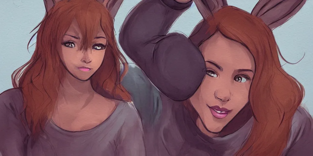 Image similar to women, dark skin, ginger, cartoon, sweatshirt, concept art, concept art, bunny ears,