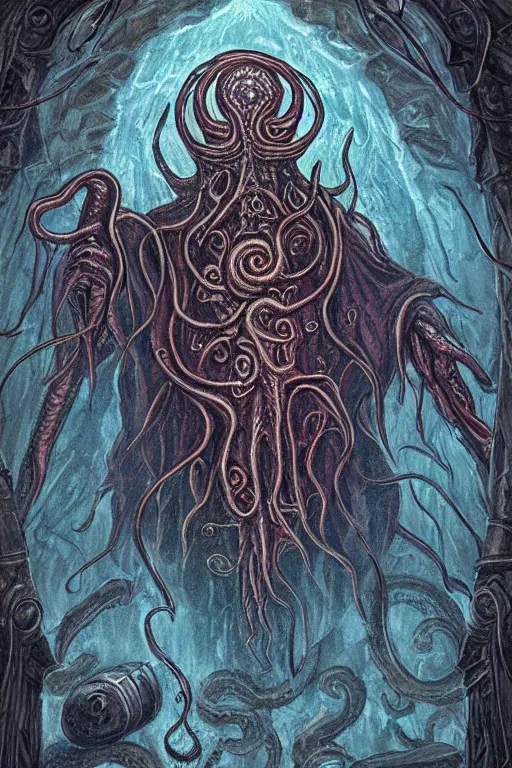 Image similar to ancient eldritch horror, mind flayer, illithid, concept art, digital art, tarot card, highly detailed, ornate border, in the style of dungeons and dragons, old school