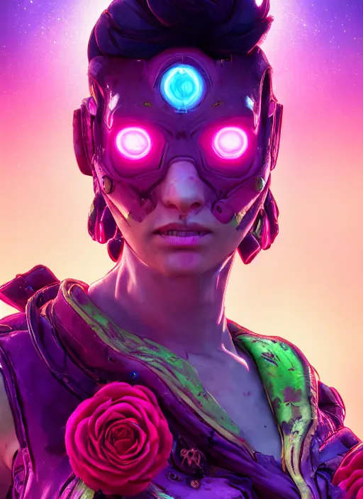 Image similar to glowwave portrait of a rose from borderlands 3, au naturel, hyper detailed, digital art, trending in artstation, cinematic lighting, studio quality, smooth render, unreal engine 5 rendered, octane rendered, art style by klimt and nixeu and ian sprigger and wlop and krenz cushart.