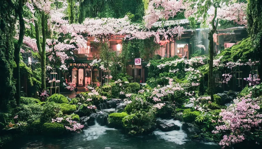 Prompt: a 35mm film still of a very surreal magical European hospital with a cafe in a lush waterfall garden, falling cherry blossoms pedals, in the style of Gucci and Wes Anderson glowing lights and floating lanterns, foggy atmosphere, rainy, moody, muted colors, magic details, very detailed, 8k, cinematic look