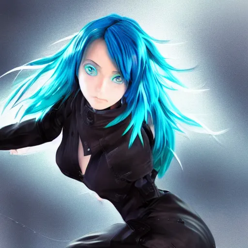 Image similar to a blue haired green eyes girl in a dynamic pose. character design. gesture drawing. line of action. official art, unreal engine 5, unreal engine. tetsuya nomura. medium shot. ray tracing hdr. 8 k. uhd. sharp focus. highly detailed. masterpiece. anime render. cinematic lighting. lifelike. symmetrical face. beautiful face