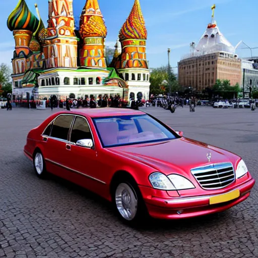 Image similar to gold Mercedes-Benz s500 long in the body 220 (w220) 2002 old year is located on the red square in Moscow