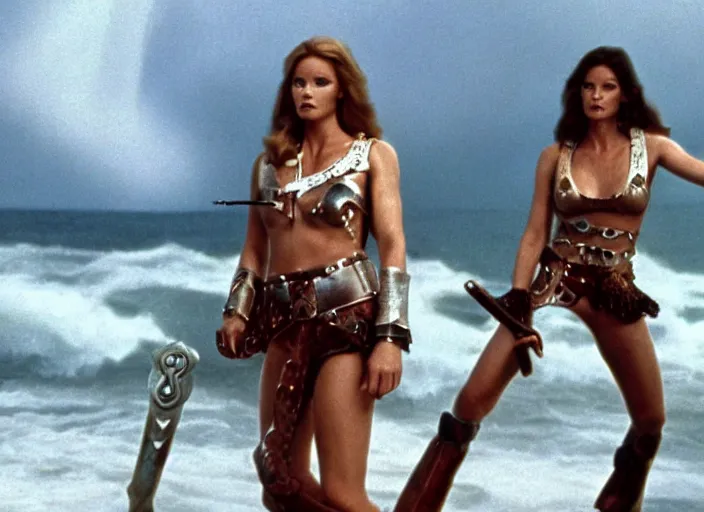 Image similar to film still charlie's angels ( 1 9 7 6 ) as a viking women with weapons, wearing skin - tight space age bikinis, rough seas in background, lightning storms, barbarella, water world, mad max, conan, hyper - realistic, highly detailed, accurate, 8 k octane render, 2 8 mm, wide angle, rule of thirds