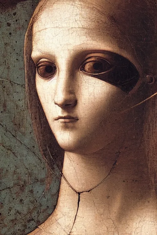 Image similar to a close - up portrait of a cyberpunk cyborg girl, by leonardo davinci, rule of thirds