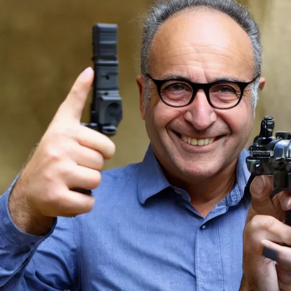 Image similar to antonio costa, smiling, pointing a gun at the camera, pulitzer prize winning photograph