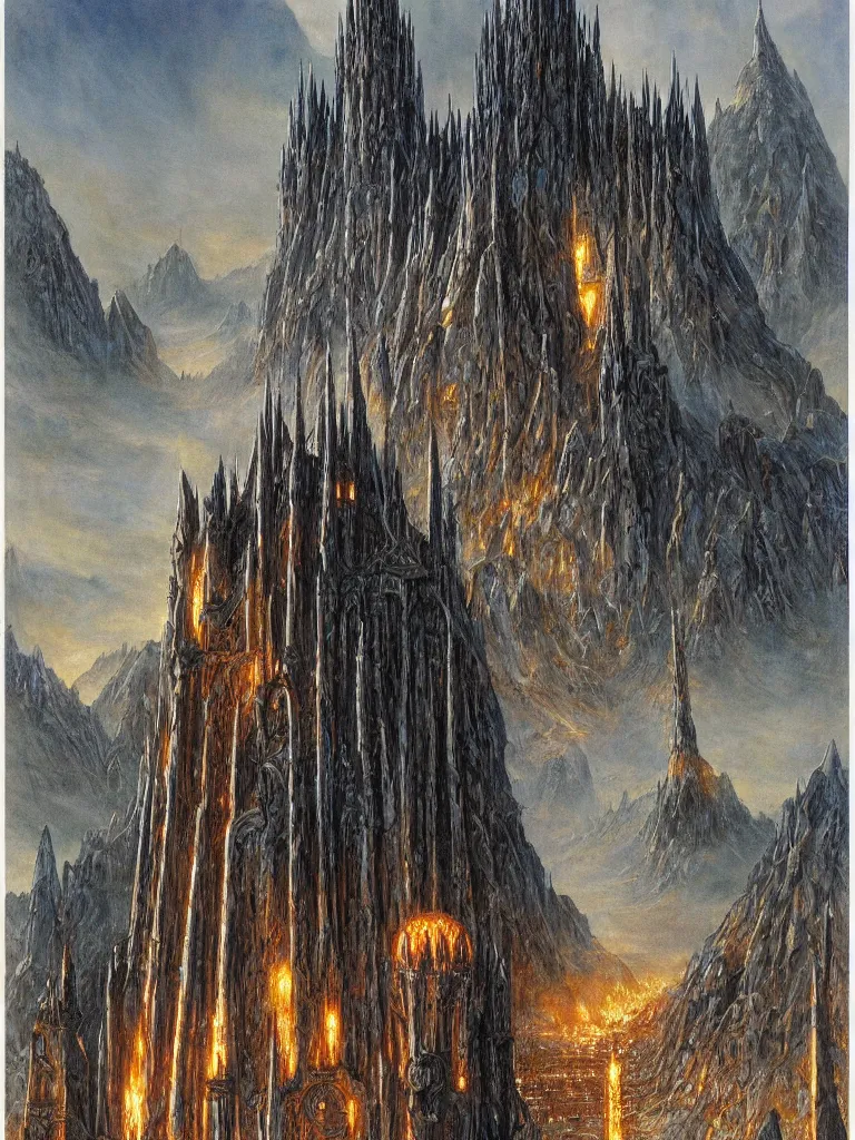 Image similar to Sauron's Tower in Mordor, art by Donato Giancola and Alan Lee, fantasy illustration, Tolkein horror