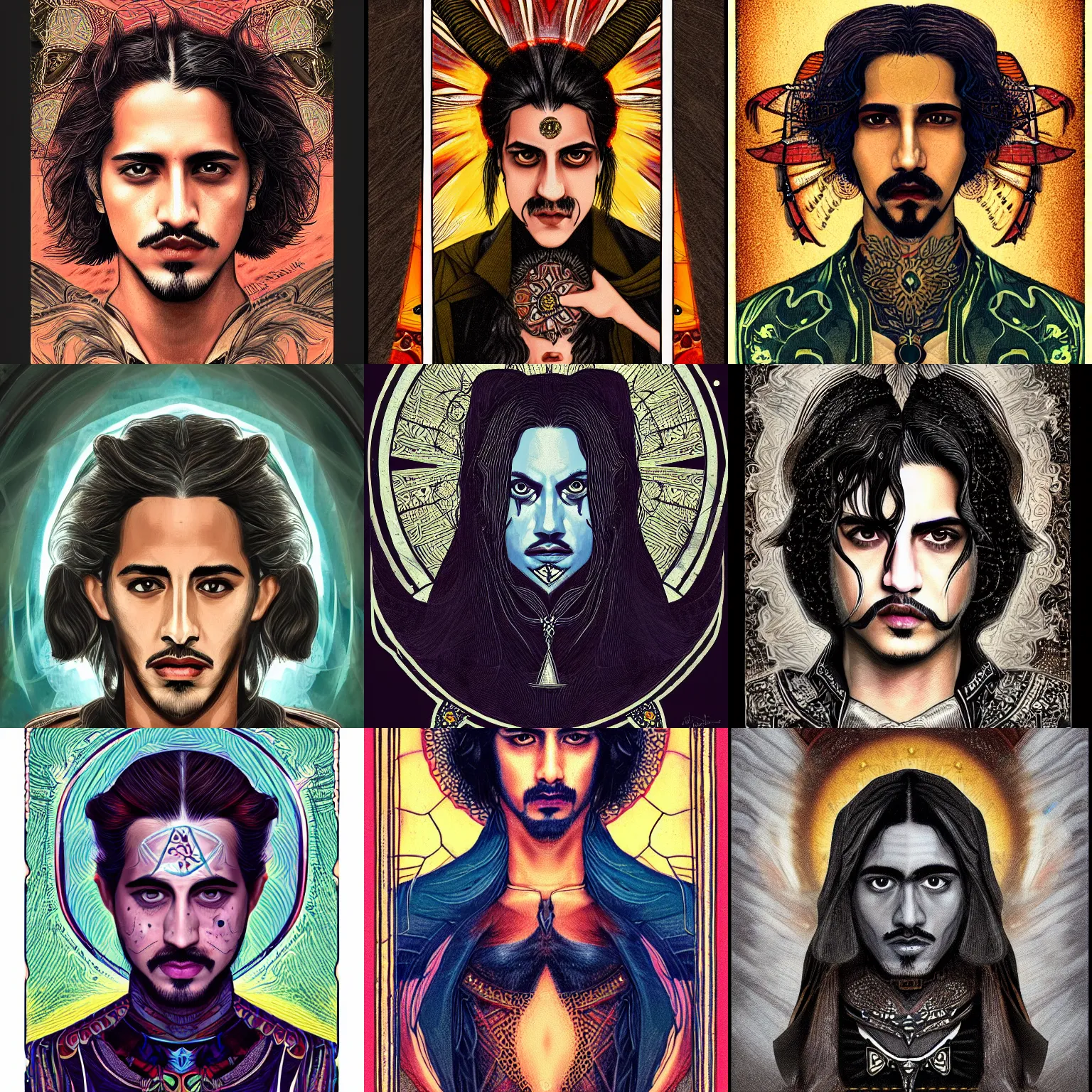 Prompt: head-on symmetrical centered painted portrait, Avan jogia Angel, tarot card style, fantasy, intricate, highly detailed, smooth, sharp focus, illustration, artstation, in the style of WLOP